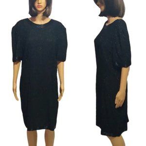 Vintage Cocktail Dress 80s Stenay Black Beaded Silk Little Black Dress Deadstock